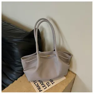 Minimalist French design large capacity hobo shoulder bag, elegant grey PU leather tote purse.