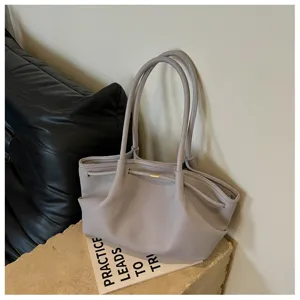Chic French style grey hobo shoulder bag, large capacity stylish tote for women daily use.