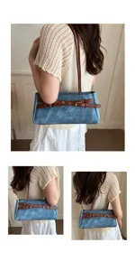Details of the stylish blue denim shoulder bag with brown belt and buckle for women.