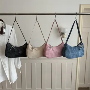 Women Textured Solid Color Suede Shoulder Underarm Handbag With Beaded Bow Pendant Commuter Fashion Daily Tote Bag