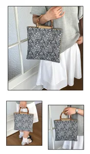 Sac cabas fourre-tout gris à motif paisley avec poignée en bambou grand format mode femme
