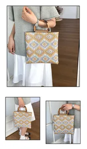 Vue détaillée du sac cabas géométrique tissé de style coréen avec élégantes poignées bambou.