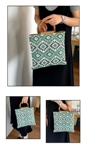 Vue détaillée du sac fourre-tout vert à motif géométrique avec poignées en bambou.