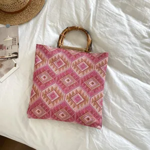 Sac Cabas Décontracté en Toile pour Femmes Grande Capacité Sac à Main de Commutateur Style Coréen Imprimé Géométrique Paisley Poignée en Bambou Sac Bandoulière
