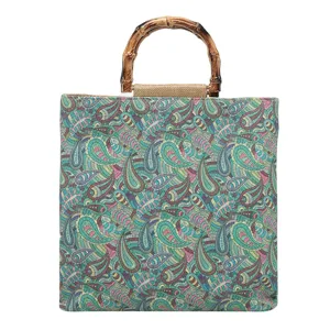 Grand sac cabas femme grande capacité motif cachemire rétro avec poignée bambou chic