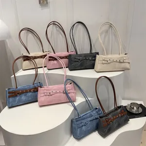 Sweet girl color blocked belt shoulder underarm bag casual denim handbag for women