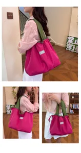 Casual color-block trekkoord opvouwbare shopper, grote stoffen schoudertas voor dagelijks.