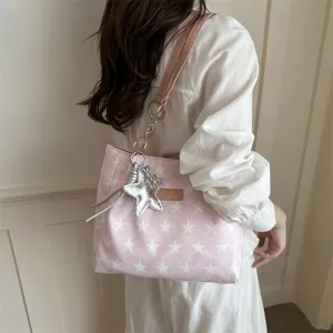 Roze sterren print canvas schoudertas, stijlvolle casual tote bag met ster hanger.