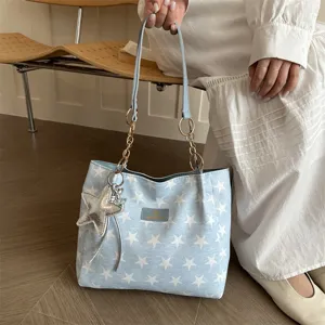 Blauwe sterren print canvas shopper met kettingriem, stijlvolle alledaagse casual forensen schoudertas.
