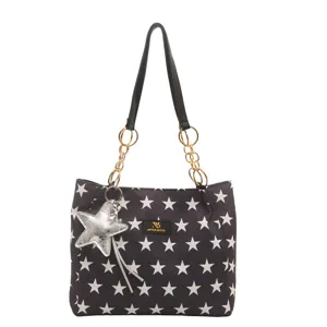 Stijlvolle zwarte shippertas met sterrenprint en gouden ketting, casual schoudertas voor dames.