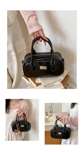 Sac à main en cuir verni noir pour femmes, sac bandoulière décontracté avec plaque.