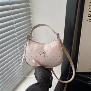 Bolso Cruzado de Hombro para Mujer en Forma de Luna con Lunares Bonito Lazo Colgante de Perlas Bolso de Mano de Cuero PU Tote Casual