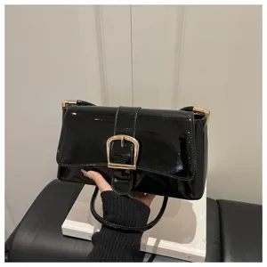 Black patent leather shoulder bag, vintage chic crossbody square bag with metal buckle.
