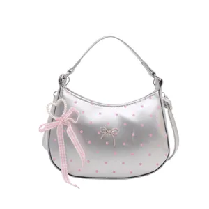 Bolso bandolera plateado de lunares para mujer, bolso dulce con lazo bonito chic.