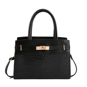 Classic black crocodile pattern handbag, retro shoulder messenger bag with top handles for women.