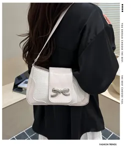 Bolso de hombro elegante con lazo de diamantes, bolso de axila retro de color sólido para mujeres.