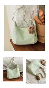 Light green shoulder hobo bag detail, casual large capacity stylish handbag with cute bear charm