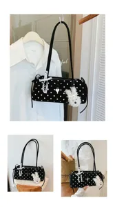Korean style cute polka dot shoulder underarm bag with lace bow and fluffy rabbit pendant.