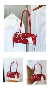 Korean style cute red polka dot shoulder bag with lace bow and fluffy puppy charm.