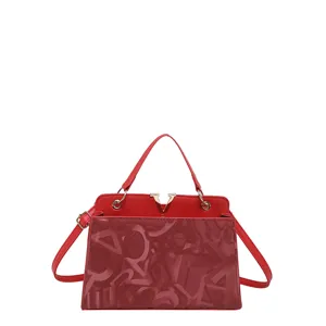 Red fashion women handbag shoulder crossbody bag with metal V logo and stylish pattern design
