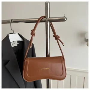 Brown leather shoulder bag baguette handbag stylish underarm purse with knotted strap for women