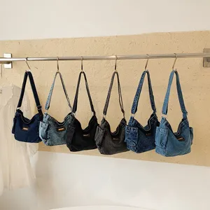 Women's Casual Denim Tote Bag Large Capacity Minimalist Shoulder Crossbody Bag Fashion Commuting Handbag With Pendant