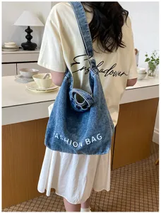 Japanese style denim canvas shoulder bag large capacity casual crossbody bag for students