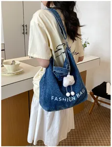 Japanese style denim canvas shoulder bag large capacity casual crossbody bag with cute cloud pendant