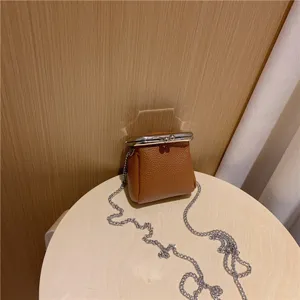 Mini brown leather kiss-lock crossbody bag with silver chain strap for lipstick and coins.