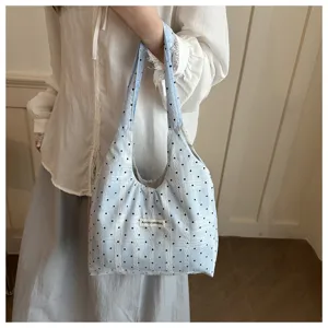 Korean style simple polka dot tote bag, fresh summer casual commuter large capacity shoulder bag.