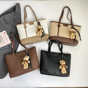 Women Large Capacity PU Leather Tote Bag Woven Pattern Casual Commuter Shoulder Bag Handbag With Bear Pendant