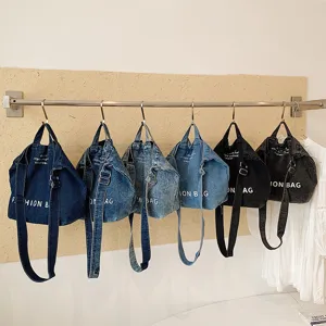 Japanese style denim canvas shoulder bag large capacity casual messenger tote for students.