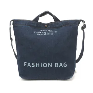 Casual denim shoulder bag for women and men, large capacity canvas tote bag with fashion letter print.