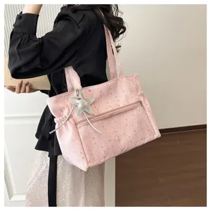 Borsa shopper rosa con stampa di stelle, grande borsa a spalla per donna lavoro scuola.