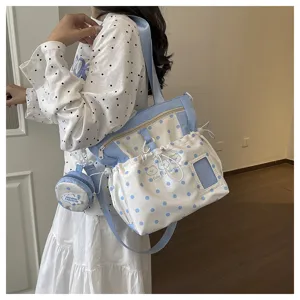 Japanese fresh polka dot canvas backpack for women, cute multi-functional travel shoulder bag.