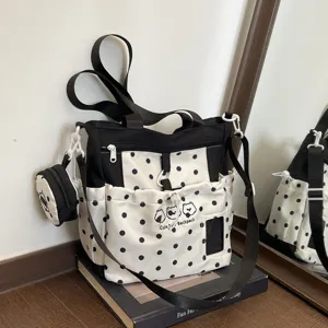 Japanese style cute black and white polka dot canvas backpack for women school travel