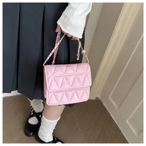 Pink quilted chain shoulder bag for women, stylish flap crossbody bag with chic metal strap.
