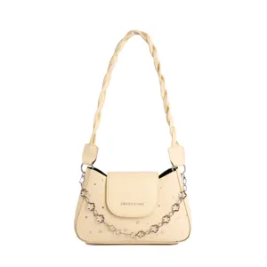 Cream yellow braided handle shoulder underarm bag for women, stylish casual daily handbag.
