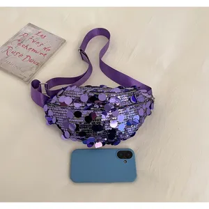 Fashionable purple sequin waist bag stylish crossbody shoulder bag portable sparkling phone bag
