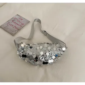Chic silver sequin waist bag fashion shoulder crossbody bag for women daily outdoor portable small bag