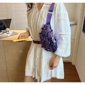 Purple sequined waist bag, stylish single-shoulder crossbody bag for summer chic daily outfits.
