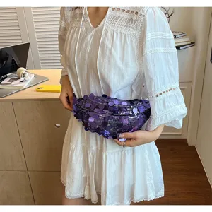 Chic purple sequin waist bag for women, stylish summer crossbody purse for daily use.