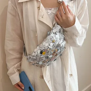 Stylish silver sequin crescent waist bag, trendy crossbody shoulder phone bag for summer.