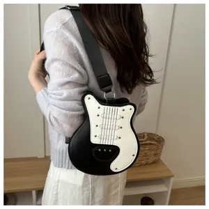 Creative guitar shape shoulder bag, black and white crossbody bag for daily and travel.