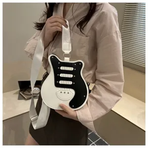 Creative guitar shape shoulder bag, stylish black and white PU crossbody bag for travel.