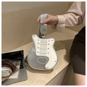 Creative guitar shaped shoulder bag, unique silver and white crossbody bag for outings.