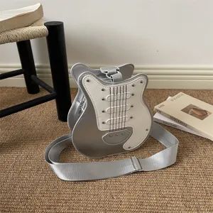 Creative guitar shaped shoulder bag unique silver white crossbody bag chic fashion purse for women