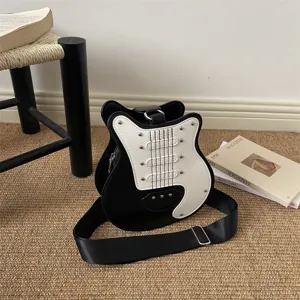 Creative guitar shaped shoulder bag, black and white color block crossbody bag for women.
