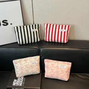 Trousse de Maquillage en Toile Rayée Grande Capacité Pochette de Voyage Minimaliste Nœud Sac à Main Portable Pochette pour Femmes
