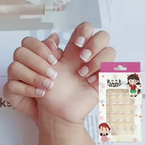 Uñas postizas niños corto francés rosa blanco borde 12 pz lindas uñas postizas con pegamento